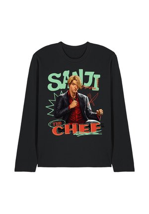 Black long-sleeve shirt featuring a blonde man in a suit with text "SANJI The CHEF" and utensils graphic on the front.