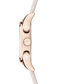 Roze-gouden horloge met een zilveren kast, een zachte beige band en drie drukknoppen. Bevat textuuraccenten en een ronde kroon.
