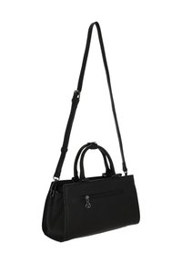 Borsa a mano in pelle nera con doppie maniglie e tracolla lunga staccabile. Presenta una tasca frontale con cerniera e una finitura testurizzata.