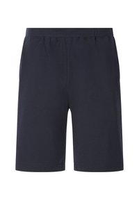 Navy blue shorts made of soft cotton with an elastic waistband, featuring a casual design and knee-length cut. No pockets visible.