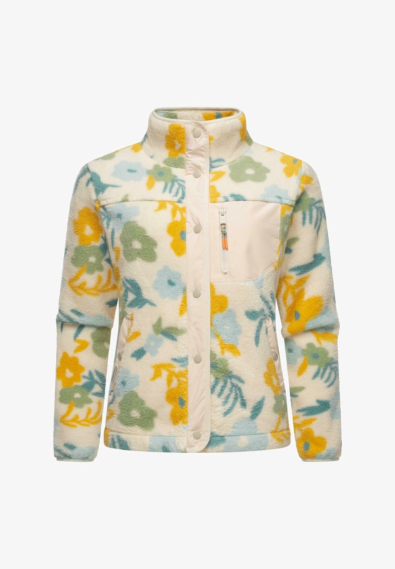 Kohandatud fliisjakki lillemustriga, millel on kollane, helesinine ja roheline värv, ning see sisaldab kreemika värviga rinna-taskut ja nööbist sulgemist.