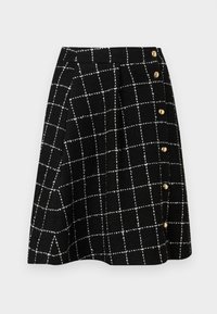 Fekete tweed szoknya fehér rácsos mintával, bővülő fazonnal és arany gombdíszítéssel az oldalon.