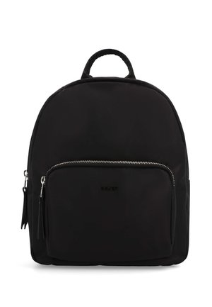 Black backpack with a rounded top, front zippered pocket, dual zipper pulls, and a padded top handle against a white background.