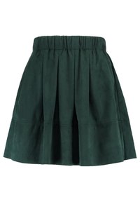 Jupe plissée verte en tissu doux avec une taille élastique, présentant un design en couches et une texture lisse.