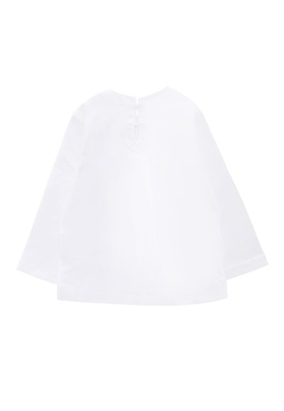 Witte katoenen blouse met lange mouwen, voorzien van een ronde halslijn en een sleutelgatopening aan de achterkant. Soepele textuur met recht gesneden mouwen.