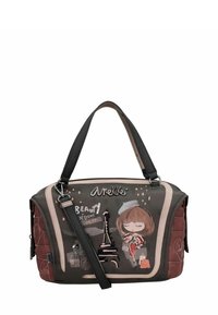 Sac à main marron foncé avec des accents roses, présentant une illustration de fille dessin animé, un motif de la Tour Eiffel et un logo métallique. Fabriqué en matériaux synthétiques.