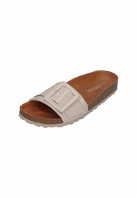 Light beige slip-on sandal with a glossy strap and square buckle. Cork-textured sole with a smooth brown footbed. Flat design.