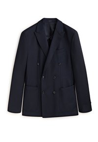 Blazer bleu marine foncé à double boutonnage avec revers crantés, six boutons, deux poches plaquées basses et une poche poitrine, présenté sur fond blanc.