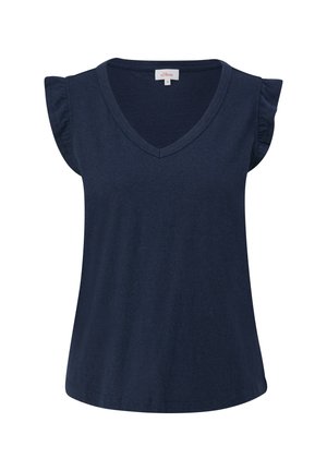 Navyblauw t-shirt van zacht materiaal met een V-hals en korte gerimpelde mouwen. Losse pasvorm met een gladde textuur en zonder patronen.