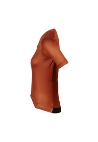 Korte mouwen sportshirt in een roestkleur, gemaakt van gladde, rekbare stof. Heeft een getailleerd ontwerp en discrete zijzakken.