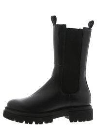 Schwarze Leder-Stiefelette mit einem eleganten Design, elastischen Seiteneinsätzen, Zugschlaufen und einer robusten Gummisohle mit einem gezackten Muster.