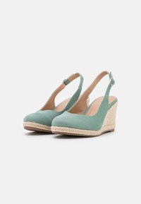 Mentolově zelené klínové boty se slingback designem, vyrobené z měkké kožešiny, s tkanou espadrilovou podrážkou a zaoblenou špičkou.