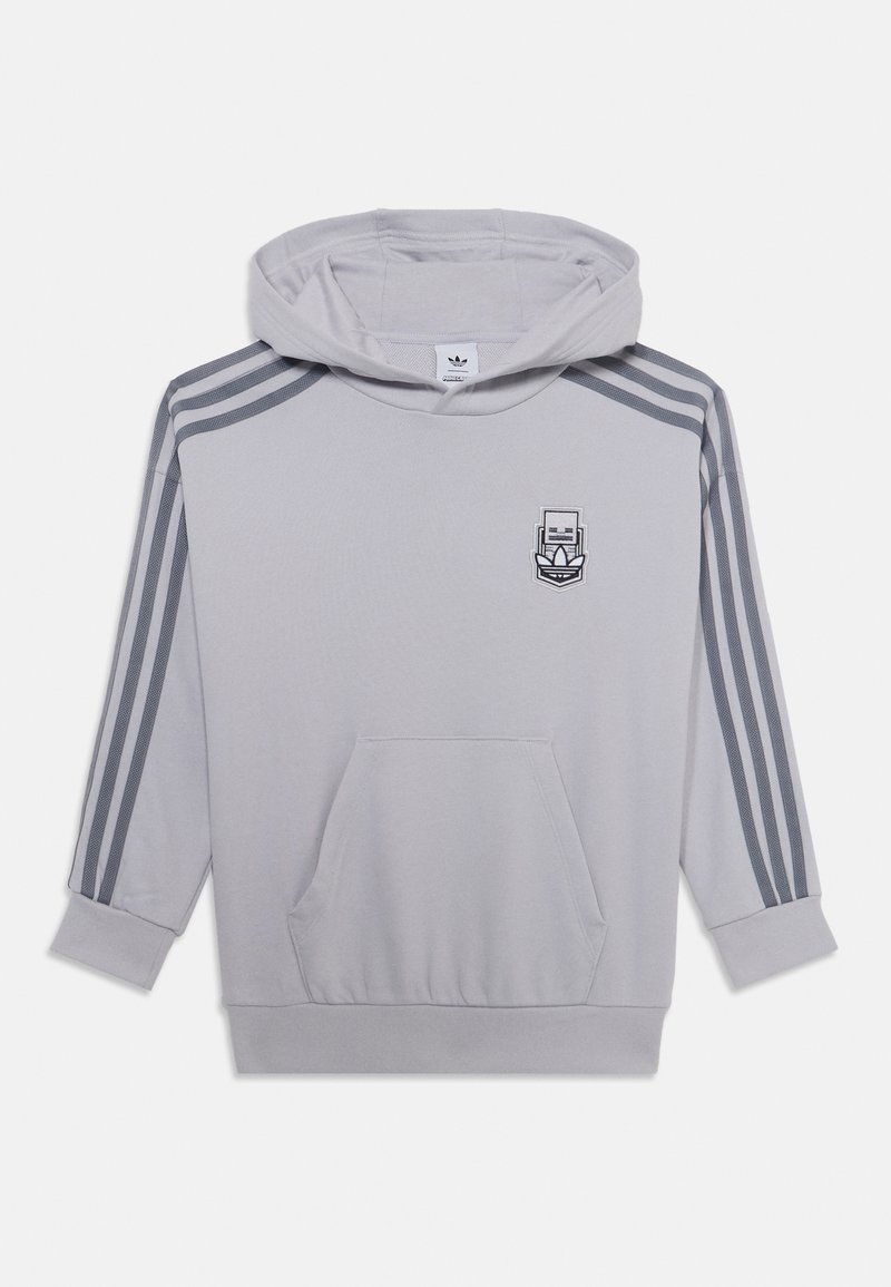 Gray hoodie with a front pocket, adjustable drawstring hood, three dark gray stripes on sleeves, and a logo on the chest. Soft, textured fabric.