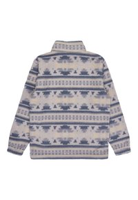 Mikina z fleece, svetlá krémová farba s modrými a šedými geometrickými vzormi, vysoký golier, dlhé rukávy, príjemná textúra, uvoľnený strih.