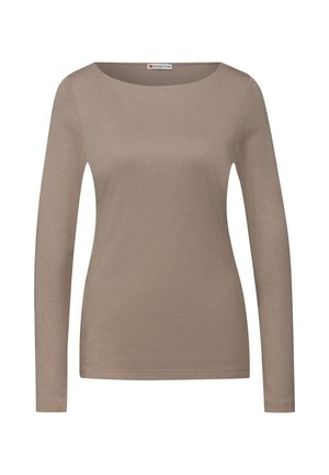 Pitkähihainen pusero vaaleanbeigenä, valmistettu pehmeästä, sileäpintaisesta kankaasta. Pyöreä kaula-aukko ja kapeahihaisen mallin. Ei näkyviä kuvioita tai koristeita.