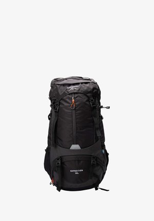 Black backpack with a durable fabric, featuring a roll top closure, multiple adjustable straps, a front pocket, and a volume of 55 liters.