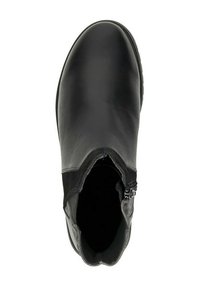 Zwarte leren enkellaars met een glad oppervlak, ronde neus en zijritsdetail. Heeft een subtiele matte afwerking en een elastisch paneel.