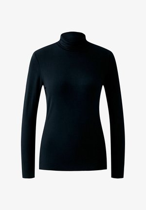 Black long-sleeve turtleneck top made of a smooth, stretchy fabric. Features a folded collar and a fitted silhouette.