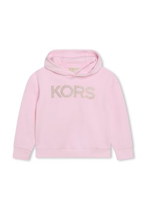 Haut à capuche rose clair avec cordon de serrage. Présente "KORS" en studs métalliques sur le devant, des poignets côtelés et un ourlet droit.