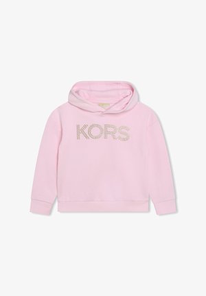 Haut à capuche rose clair avec cordon de serrage. Présente "KORS" en studs métalliques sur le devant, des poignets côtelés et un ourlet droit.