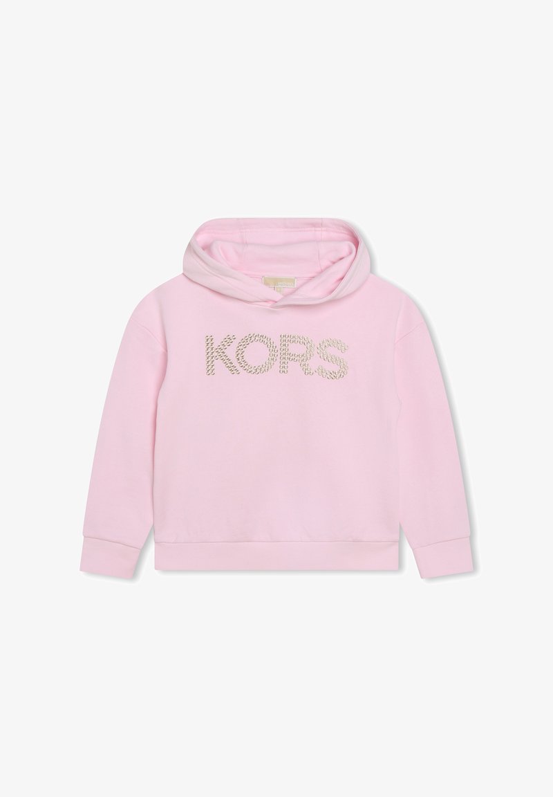 Haut à capuche rose clair avec cordon de serrage. Présente "KORS" en studs métalliques sur le devant, des poignets côtelés et un ourlet droit.