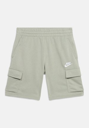 Shorts Nike gris clair avec taille élastique, poches latérales, deux poches cargo à rabat et logo Nike blanc sur la jambe droite.