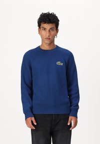 Blauer gerippter Strickpullover mit Rundhalsausschnitt und Raglanärmeln. Mit einem Lacoste-Krokodil-Logo auf der linken Brust. Getragen mit dunklen Jeans.