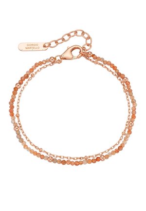Double-strand bracelet with small round orange and white beads and a rose gold chain, clasp, and Giorgio Martello tag.