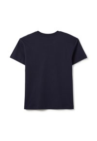 T-shirt blu navy a maniche corte in cotone, con scollatura rotonda e una texture liscia. La vista dal retro mostra un design pulito e semplice.