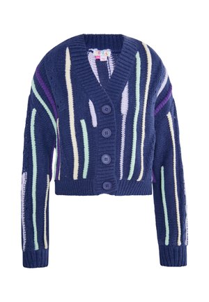 Marineblaues, gekürztes Cardigan mit V-Ausschnitt, das mehrfarbige vertikale Streifen und einen fünfknöpfigen Verschluss auf der Vorderseite aufweist. Strukturierter Strickstoff.