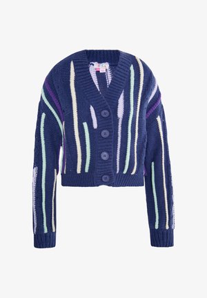 Cardigan cropped blu navy con scollo a V, caratterizzato da strisce verticali multicolori e chiusura frontale con cinque bottoni. Tessuto a maglia testurizzato.