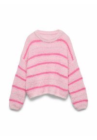 Pull court rose clair à manches longues, avec des rayures horizontales en rose plus foncé. Texture tricotée avec une apparence douce et duveteuse.