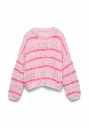 Pull court rose clair à manches longues, avec des rayures horizontales en rose plus foncé. Texture tricotée avec une apparence douce et duveteuse.