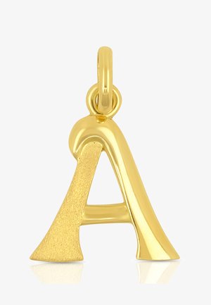 Ciondolo a forma di lettera "A" in oro con finitura lucida, caratterizzato da una combinazione di aree lisce e strutturate, e un anello rotondo per l'attacco.
