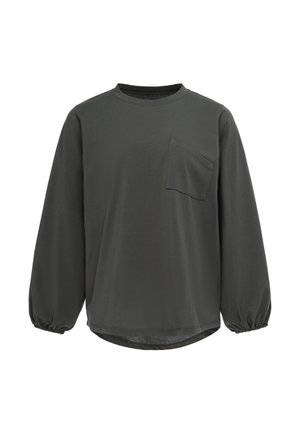 Donkergrijs shirt met lange mouwen, ronde hals, elastische manchetten, licht gebogen zoom en een enkele borstzak aan de linkerkant.
