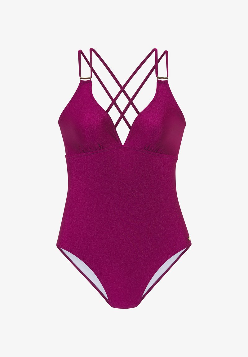 Fuksija enodelni kopalni kostim z V-izrezom, prečnimi nastavljivimi naramnicami in teksturirano sijočo površino. Ima kontrastno belo oblogo.