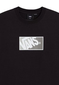 Black crew neck T-shirt with a gray rectangular Vans logo centered on the chest.