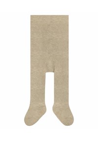 Beżowe rajstopy wykonane z teksturowanej tkaniny, z pełnym pokryciem stóp i gładkim wykończeniem, z wzmocnionymi palcami i piętami.