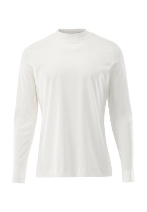 Langärmliges weißes Oberteil aus glattem Stoff, mit hohem Rundhalsausschnitt und enganliegenden Ärmeln, ohne sichtbare Muster oder Akzente.