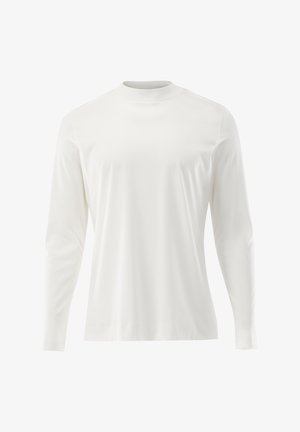 Langärmliges weißes Oberteil aus glattem Stoff, mit hohem Rundhalsausschnitt und enganliegenden Ärmeln, ohne sichtbare Muster oder Akzente.