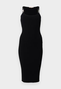 Rochie midi neagră, cu textura în riduri, având o formă ajustată și detalii din metal argintiu pe bretele. Textură netedă și decolteu tip scoop.