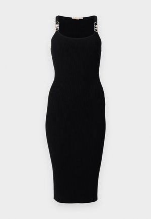 Black ribbed midi dress with a fitted shape, featuring silver hardware accents on the straps. Smooth texture and a scoop neckline.