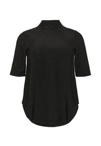 Zwarte kortekuit top met een hoge halslijn, gemaakt van een glanzend materiaal, met een losse pasvorm en afgeronde zoom, die comfort en stijl versterkt.