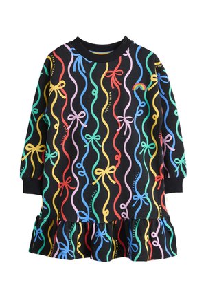 Vestito nero a maniche lunghe con linee ondulate colorate, fiocchi, piccolo testo "Little Bird", orlo arricciato e una piccola toppa arcobaleno sul petto.