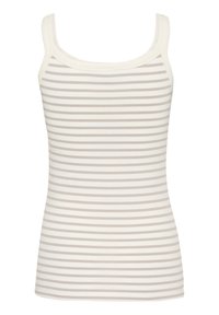Débardeur rayé en tissu doux et extensible. La palette de couleurs comprend du crème avec des rayures horizontales beige clair. Encolure arrondie et coupe ajustée.