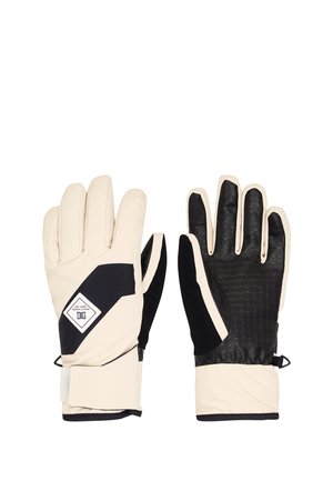 Paar beige und schwarze Winterhandschuhe mit strukturiertem Griff an den Handflächen und verstellbaren Handgelenksriemen, mit Handfläche und Rückseite nach oben dargestellt.