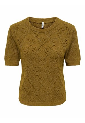 Pull tricoté vert olive à manches courtes avec motif en losanges ajourés et col rond et poignets côtelés.