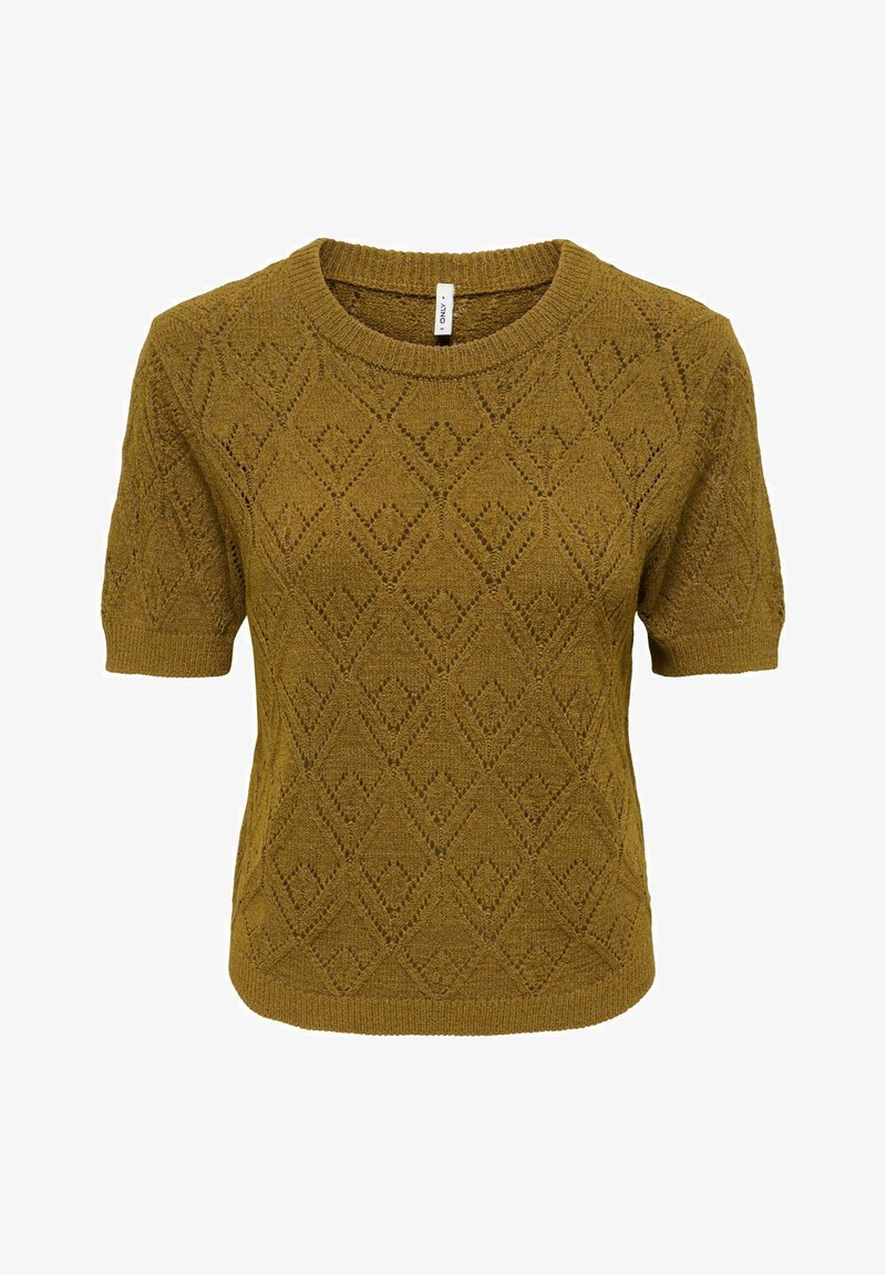 Pull tricoté vert olive à manches courtes avec motif en losanges ajourés et col rond et poignets côtelés.