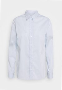 Camicia button-up a righe blu chiaro, maniche lunghe, colletto classico, realizzata in tessuto liscio con una morbida texture, con bottoni bianchi.