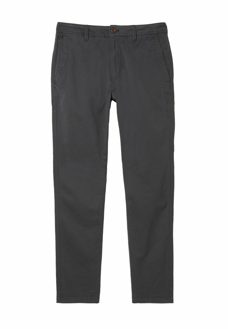 Gray cotton trousers with a straight cut, belt loops, and front pockets. The fabric appears smooth with a subtle sheen. Features a single button closure.
